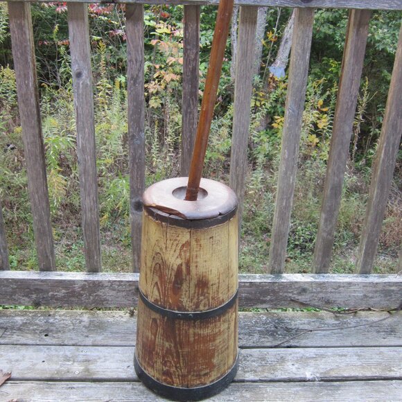 Antique Wooden Butter Churn with Dasher Primitive Farmhouse Off Grid Metal Bands - Picture 3 of 15